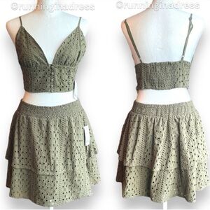 NWT Bar II Green Eyelet Tiered Skirt & Eyelet Smocked Crop Top Set Size Medium